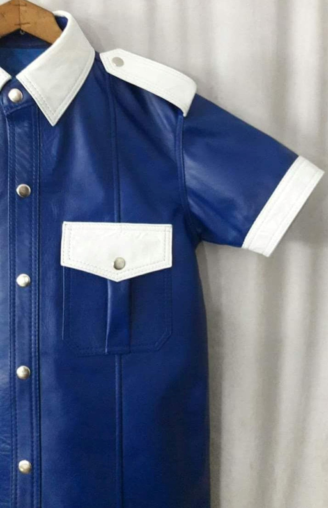 Men's Real Cowhide Leather Carpenter Pants & Police Shirt Blue & White BLUF Suit: