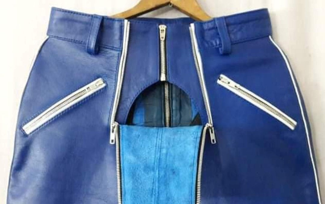 Men's Real Cowhide Leather Carpenter Pants & Police Shirt Blue & White BLUF Suit:
