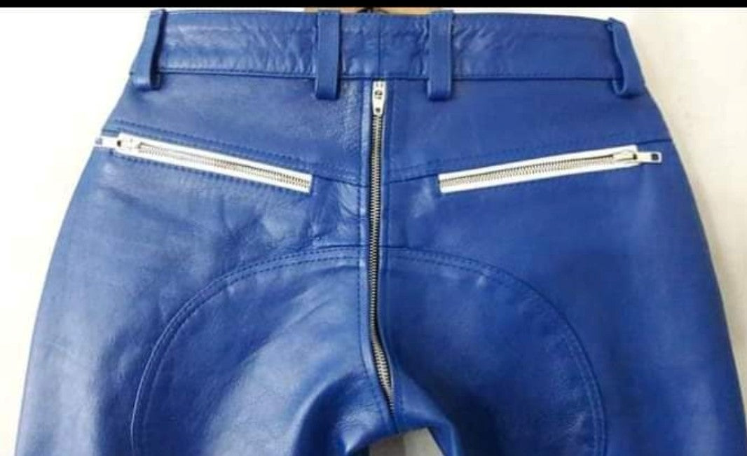 Men's Real Cowhide Leather Carpenter Pants & Police Shirt Blue & White BLUF Suit: