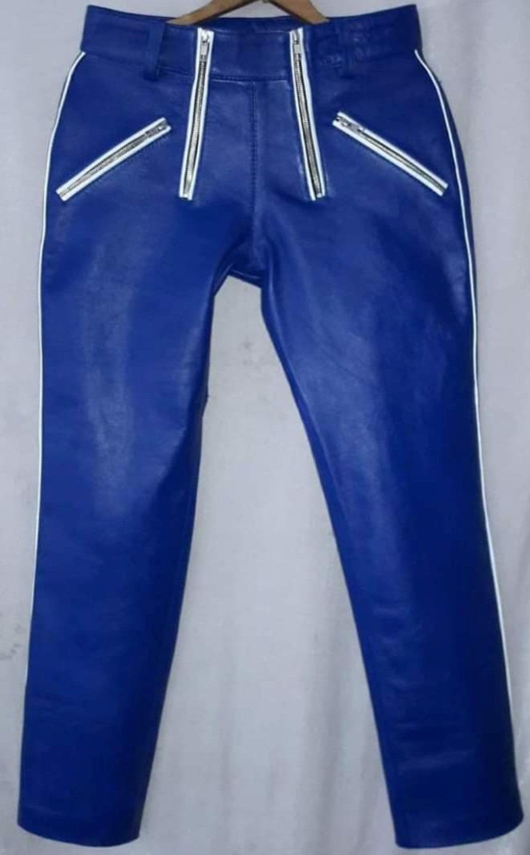 Men's Real Cowhide Leather Carpenter Pants & Police Shirt Blue & White BLUF Suit:
