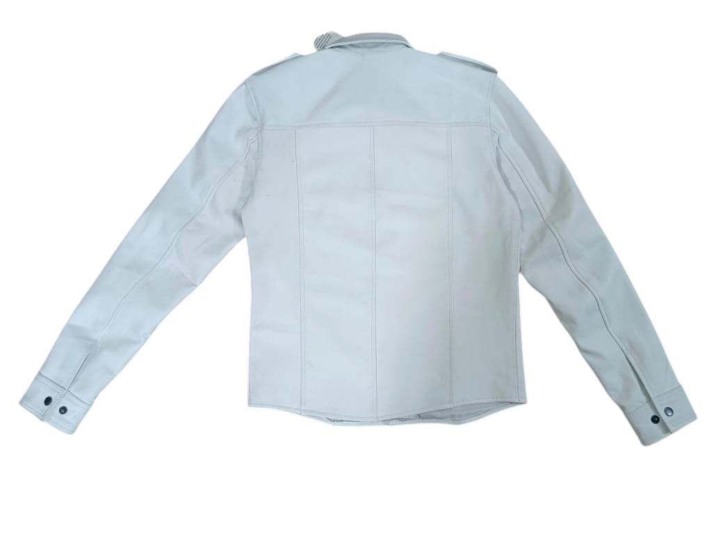 Men’s Real Lamb Leather White Police Uniform Long Sleeves Shirt with Black Piping