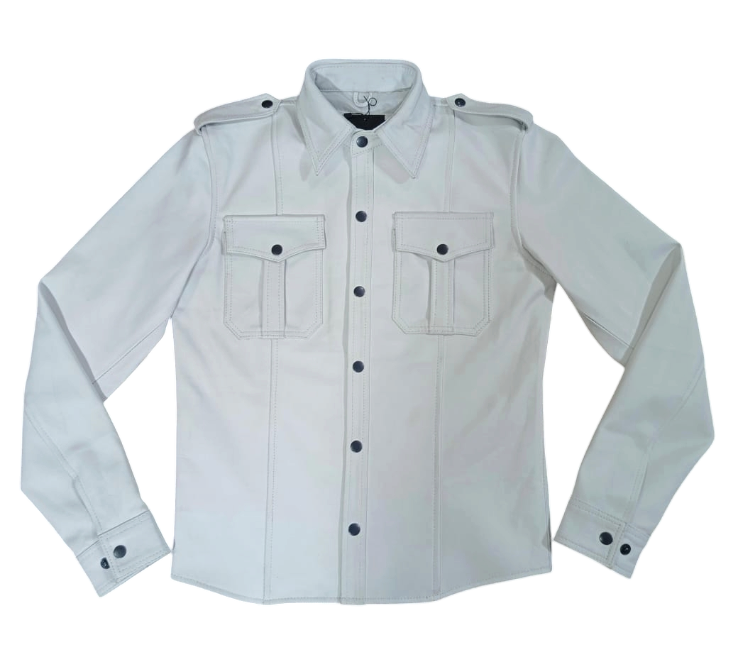 Men’s Real Lamb Leather White Police Uniform Long Sleeves Shirt with Black Piping