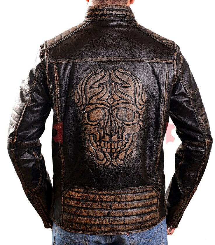 Men's Real Leather Bikers Jacket Hand Made Waxed Embossed Skull Pattern Back :