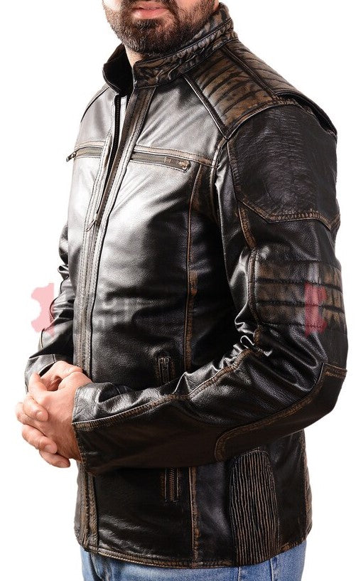 Men's Real Leather Bikers Jacket Hand Made Waxed Embossed Skull Pattern Back :