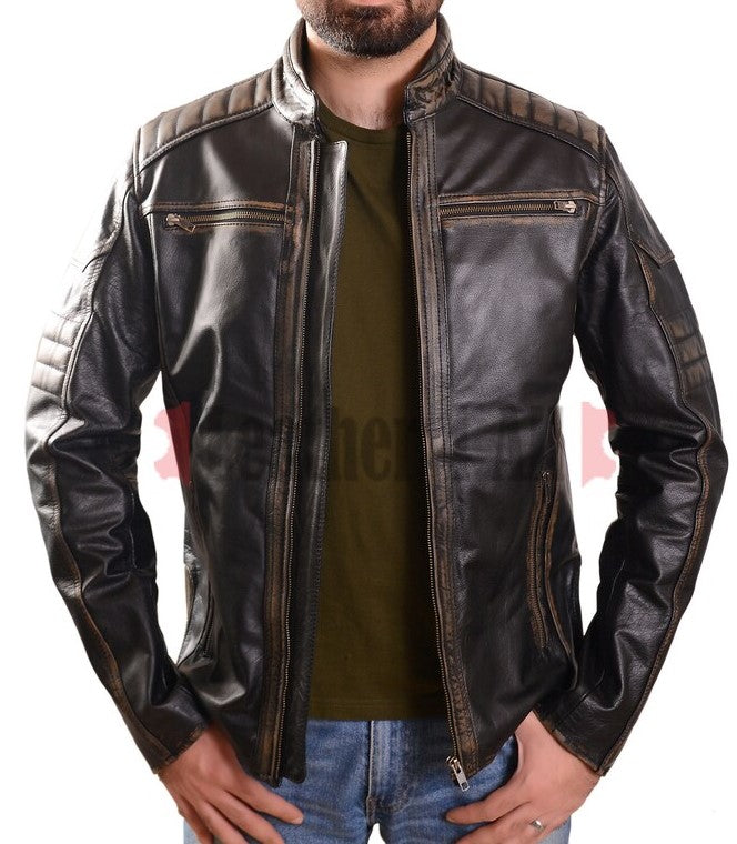Men's Real Leather Bikers Jacket Hand Made Waxed Embossed Skull Pattern Back :