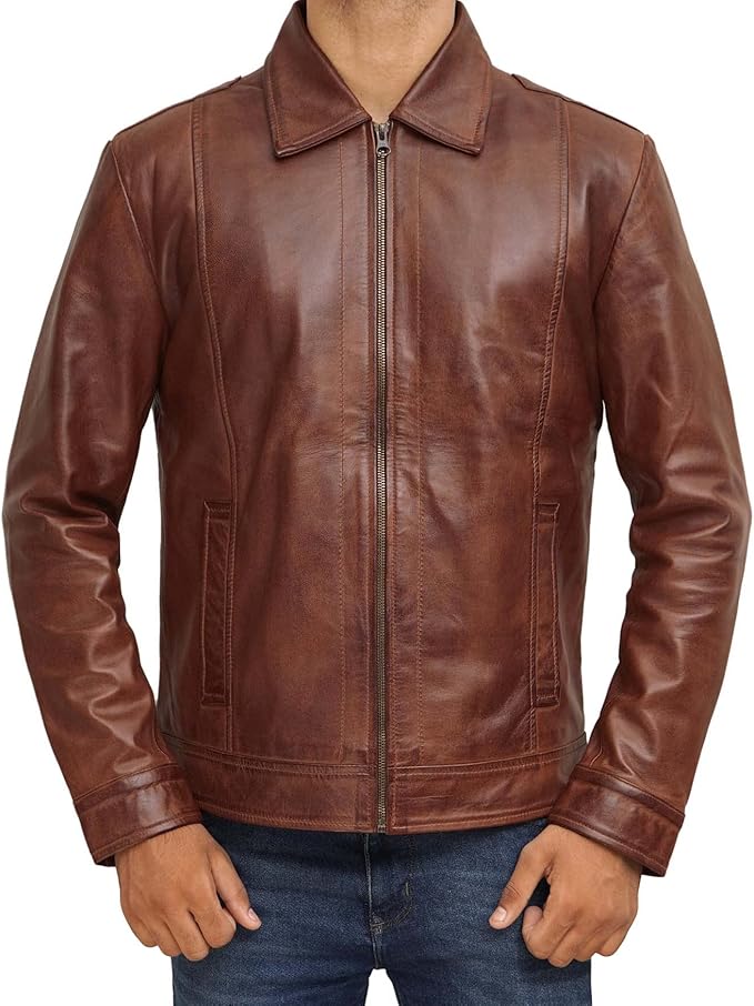 Men's Brown Lambskin Real Leather Jacket Shirt-style Collar Smooth Zip Closure Casual Wear