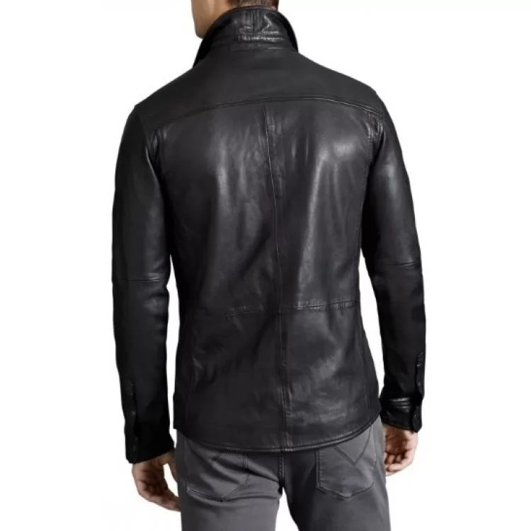 Men's Real Lamb Leather Full Sleeves Black Leather Shirt With Zipped Pockets