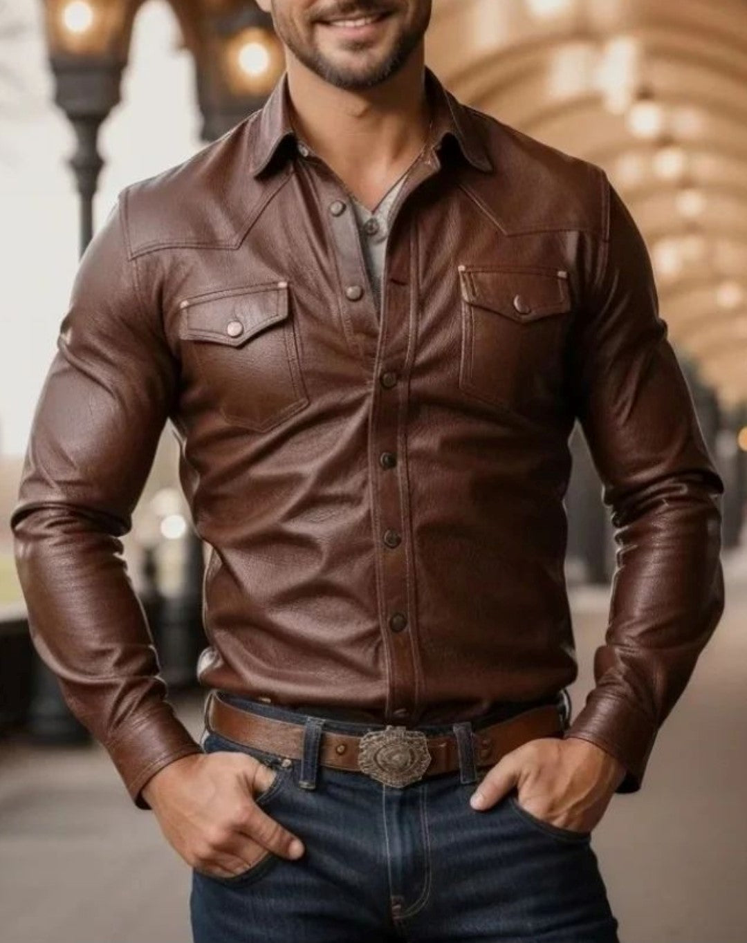 Men's Real Sheep Leather Western Style Full Sleeves Leather Shirt