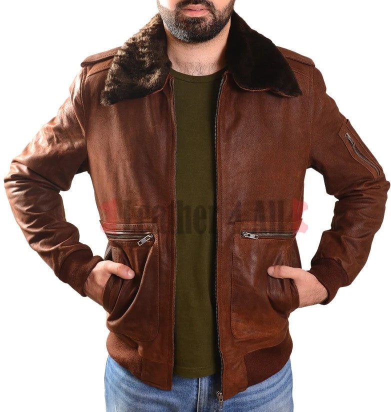 Men's Real Vintage Leather Aviator Jacket Flying Jacket Removable Fur Collar: