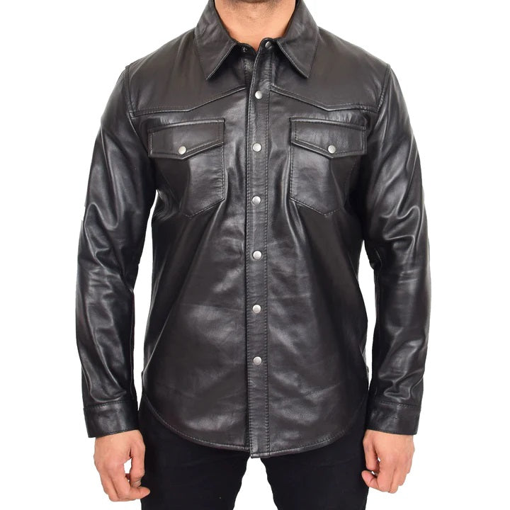 Men's Real Lamb Leather Full Sleeves Black Leather Shirt