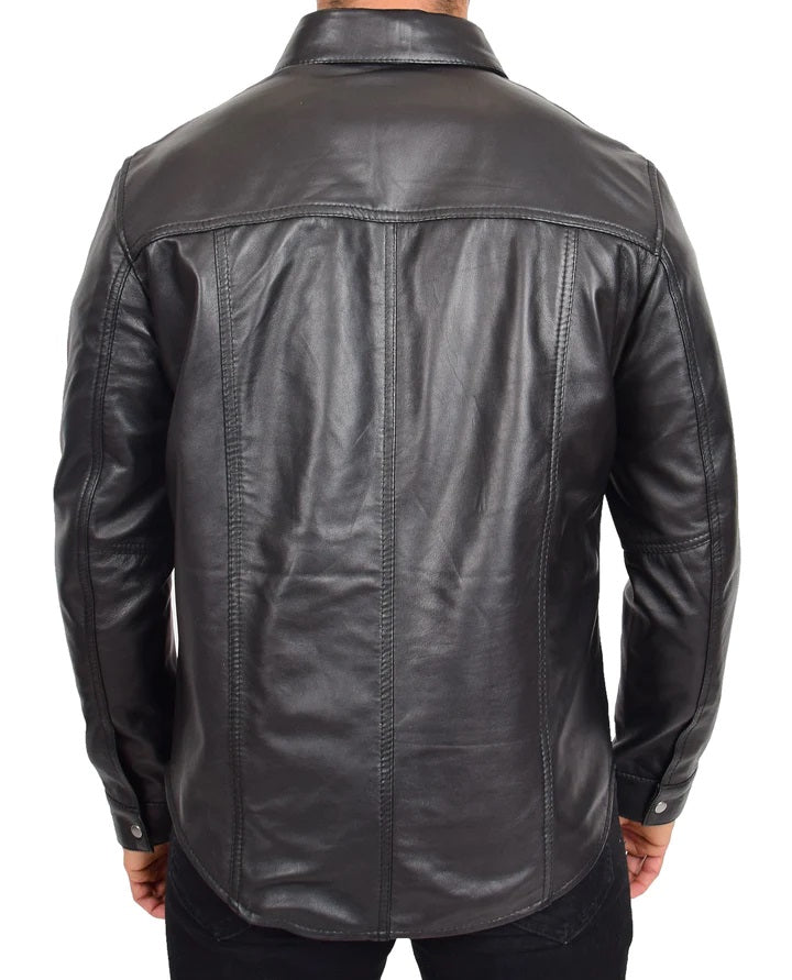 Men's Real Lamb Leather Full Sleeves Black Leather Shirt