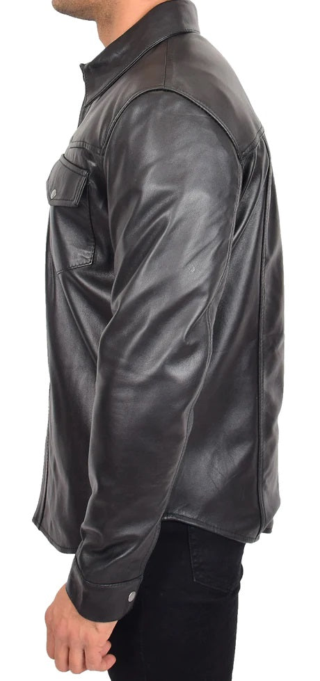 Men's Real Lamb Leather Full Sleeves Black Leather Shirt