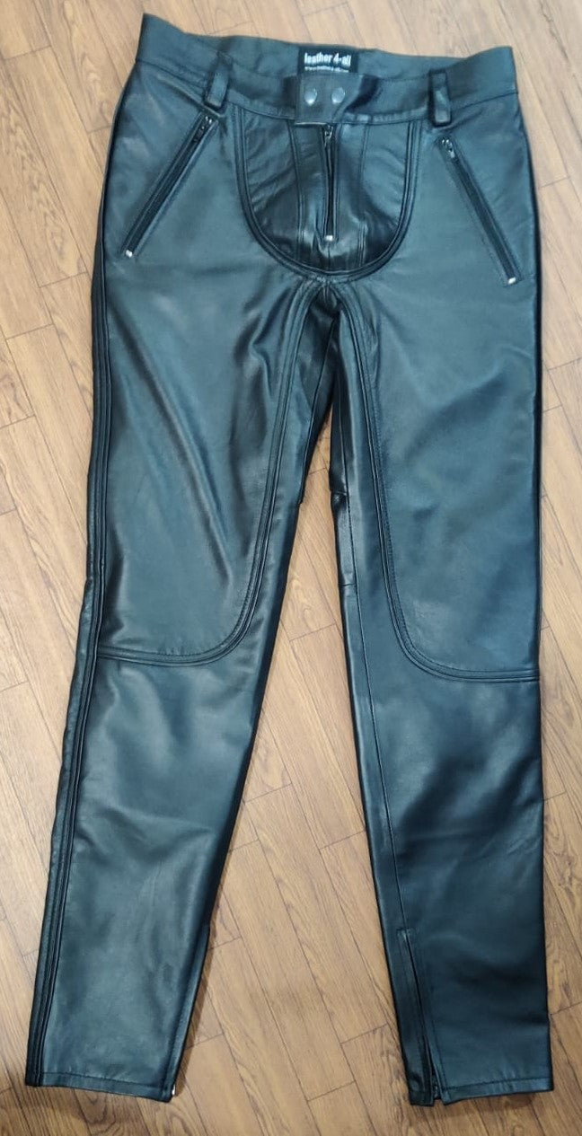 Men's Real Cowhide Leather Bikers Pants Exposed Fly BLUF Pants