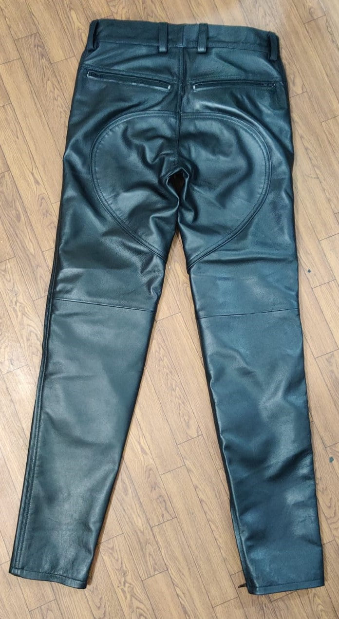 Men's Real Cowhide Leather Bikers Pants Exposed Fly BLUF Pants