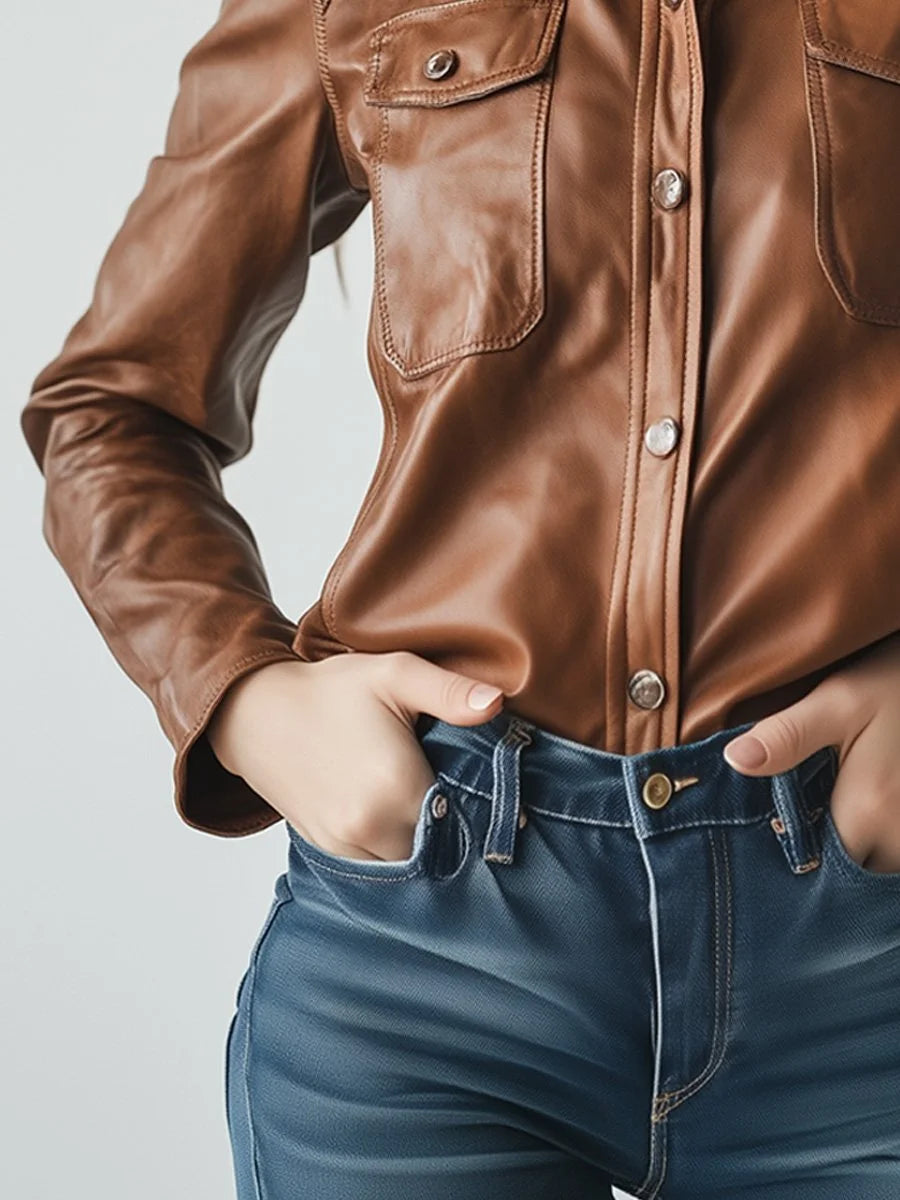 Women's Real Lamb Leather Shirt Slim Fit Snap Buttons Leather Shirt In 4 Colors: