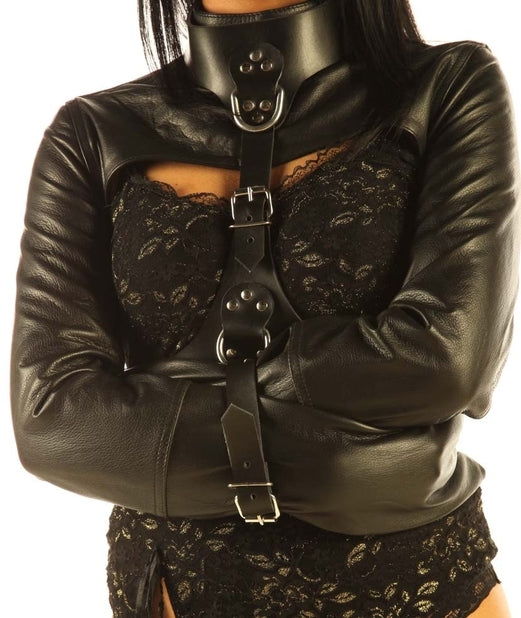 Women Real Leather Bolero Straitjacket Black Leather Women Straight Jacket: