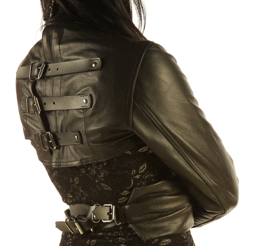 Women Real Leather Bolero Straitjacket Black Leather Women Straight Jacket: