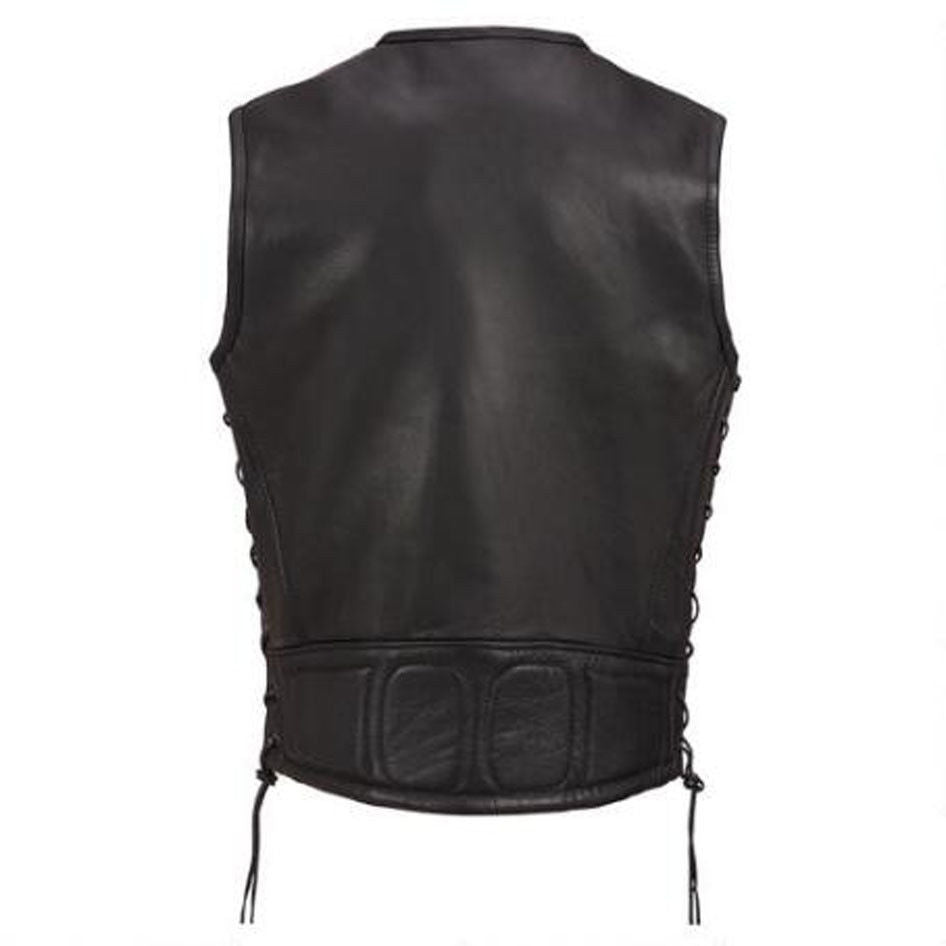 Men's Real Leather Quilted Panels Bikers Vest Side Laces Cow Leather Bikers Vest