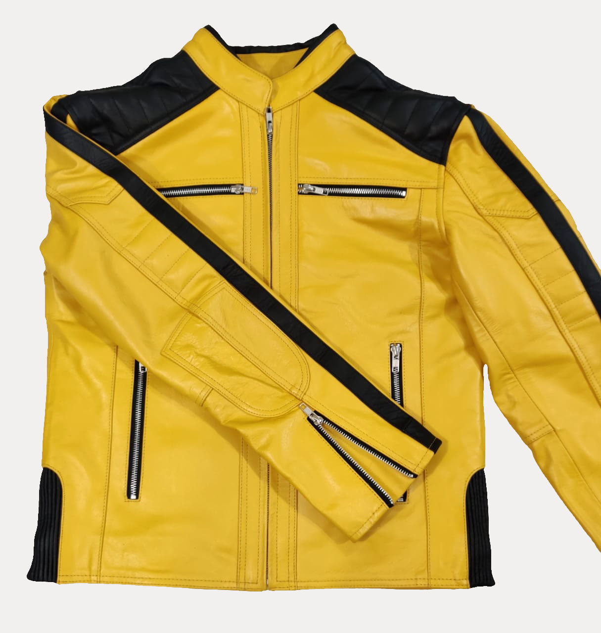 REAL NATURAL GRAIN LEATHER BIKERS JACKET QUILTED & CONTRAST PANELS JACKET: