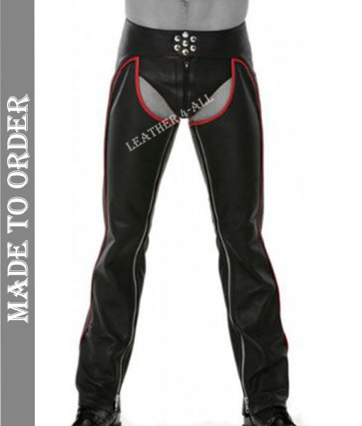 Men's Real Cowhide Leather Chaps Bikers Leather Chaps With Red Piping