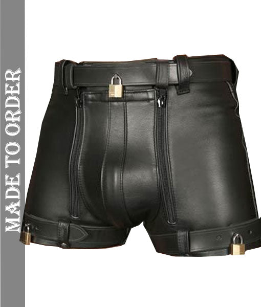 MEN'S REAL LEATHER RESTRAINTS CHASTITY SHORTS WITH FREE PADLOCKS