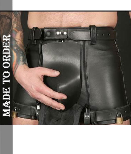 MEN'S REAL LEATHER RESTRAINTS CHASTITY SHORTS WITH FREE PADLOCKS