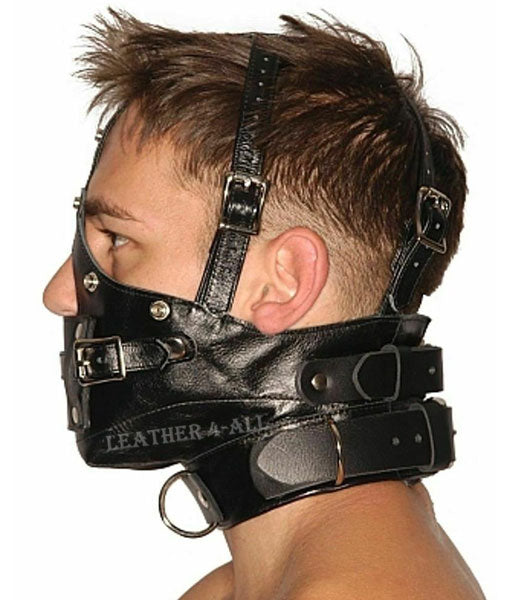 GENUINE LEATHER FACE MUZZLE HOOD MASK WITH BLINDFOLD HOOD-1
