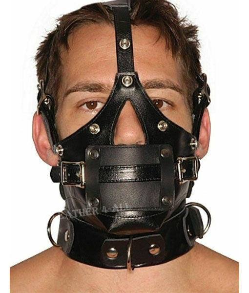 GENUINE LEATHER FACE MUZZLE HOOD MASK WITH BLINDFOLD HOOD-1