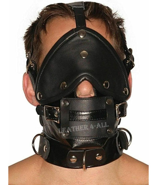 GENUINE LEATHER FACE MUZZLE HOOD MASK WITH BLINDFOLD HOOD-1