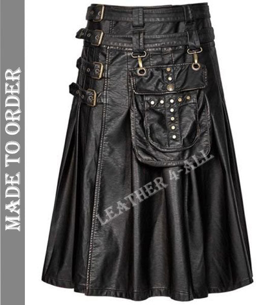 Men's Real Cow Skin Leather Club Wear Vintage Kilt With Detachable Front Pocket