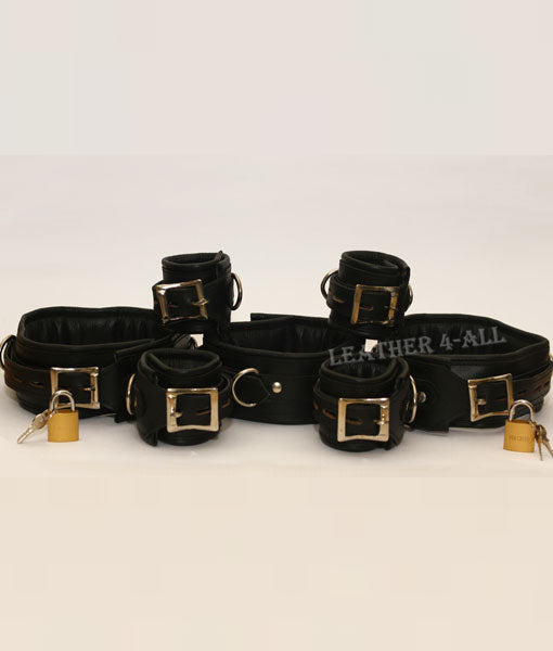 REAL LEATHER 7 PIECES HEAVY DUTY PADDED BONDAGE RESTRAINT SET + FREE 7 PADLOCKS In Black Color