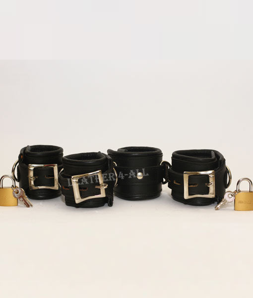 REAL LEATHER 4 PIECES HEAVY DUTY PADDED BONDAGE RESTRAINT SET WITH FREE PADLOCKS In Black Color