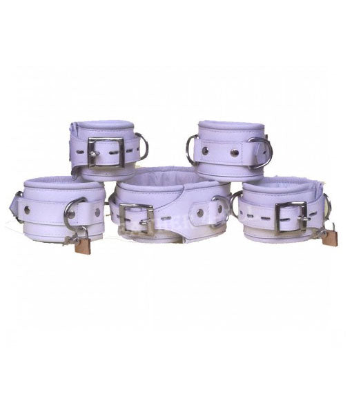 GENUINE LEATHER 5 PIECES HEAVY DUTY PADDED BONDAGE RESTRAINT SET FREE 5 PADLOCKS In White Color