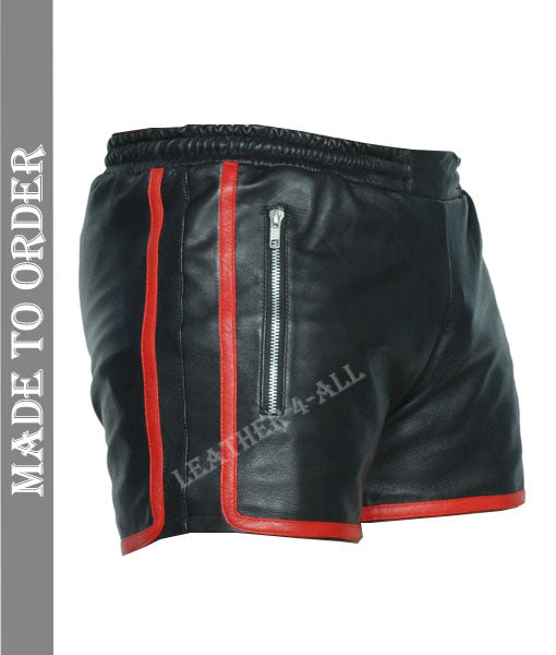 Men's Genuine Lamb Leather Gym Sports Shorts With Red Stripes