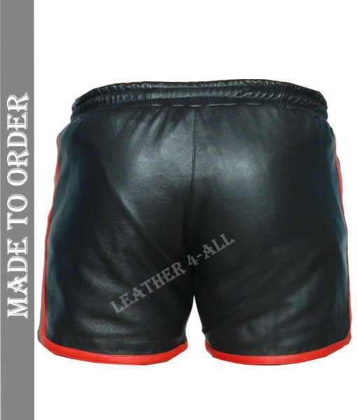 Men's Genuine Lamb Leather Gym Sports Shorts With Red Stripes
