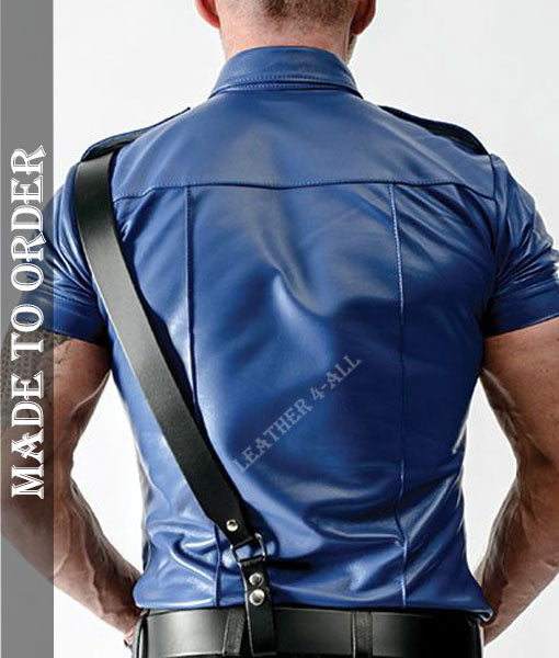 Men's Real Cowhide Leather Police Uniform Shirt Short Sleeves Leather Shirt
