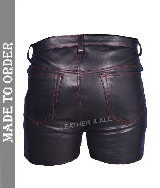 Men's Genuine Leather Shorts Club Wear Shorts Stitched With Red Thread