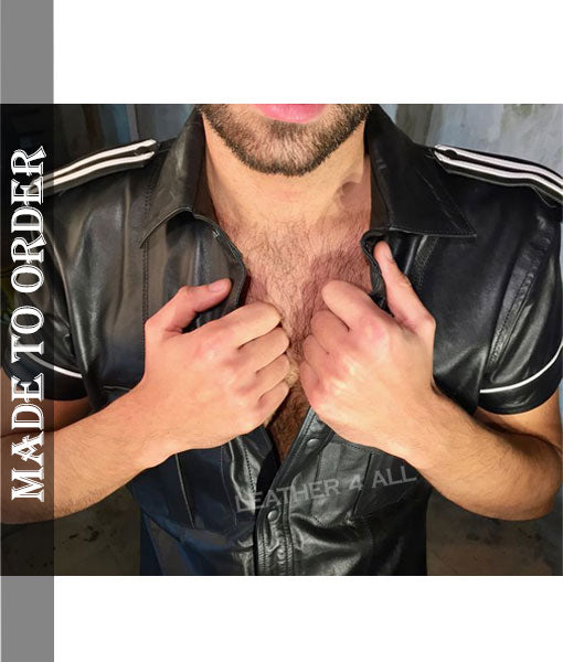 Men's Genuine High Quality Leather Police Style Short Sleeves Shirt In Black Color With White Piping