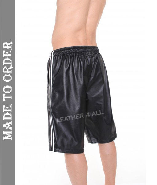 Men's Real Lamb Leather Long Shorts Basketball / Boxers Shorts With Side Stripes