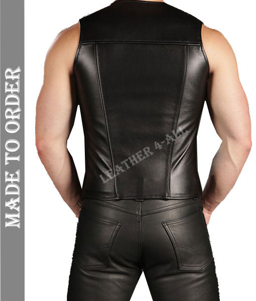 Men's Genuine Lamb Leather Bikers Vest Round Neck Zip Up Front Vest