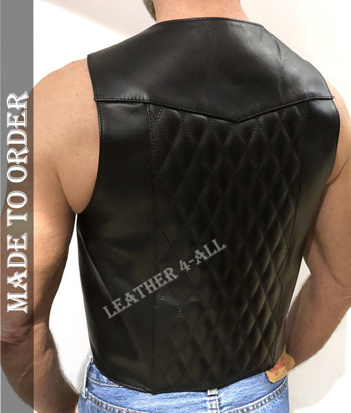 Men's Cowhide Black Leather Bartender Vest Quilted Back Panels Biker's Vest