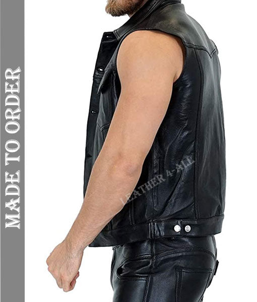 Men's Genuine Cowhide Natural Grain Soft Leather Biker's Vest Sleeveless Biker Jacket
