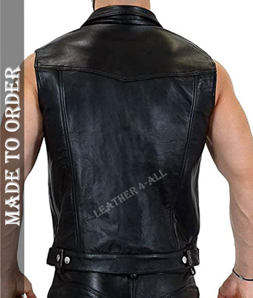 Men's Genuine Cowhide Natural Grain Soft Leather Biker's Vest Sleeveless Biker Jacket