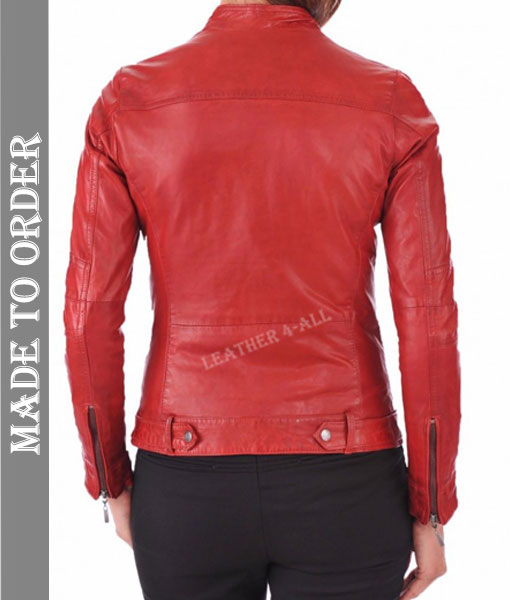 Women's Genuine Lamb Vintage Leather Biker's Jacket In Red Color