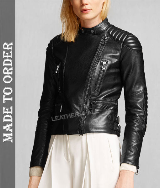 Women's Real Lamb Leather Bikers Jacket Perfecto Style Quilted Panels Bikers Jacket
