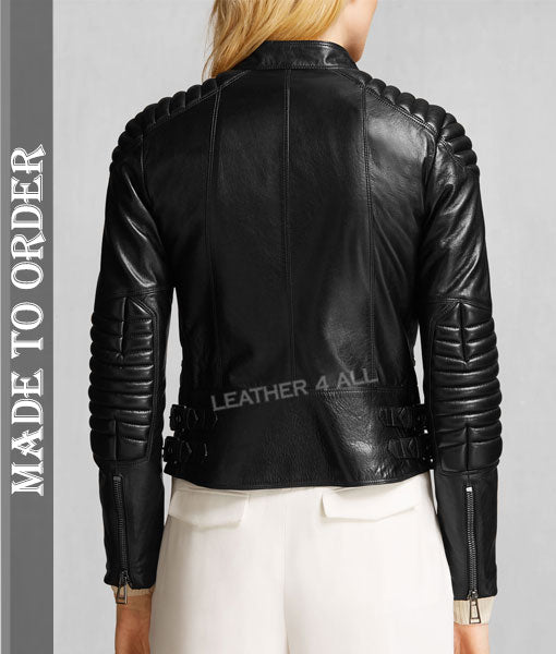 Women's Real Lamb Leather Bikers Jacket Perfecto Style Quilted Panels Bikers Jacket