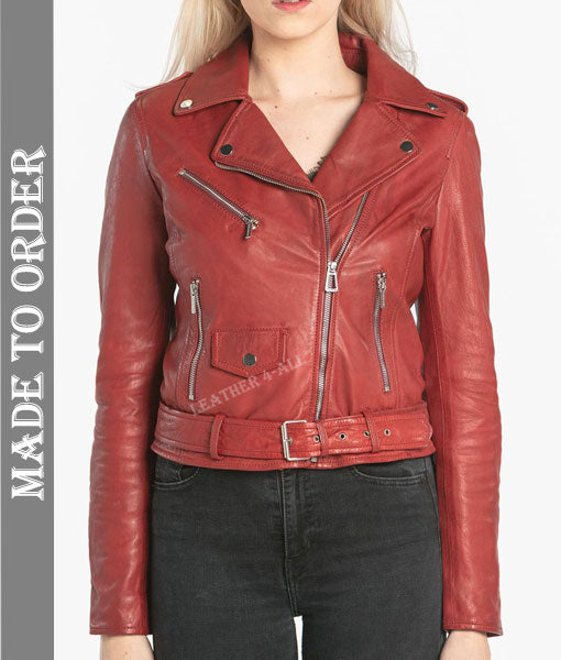 Women's Real Lamb Leather Motor Bikers Jacket Brando Bikers Jacket In Red Color