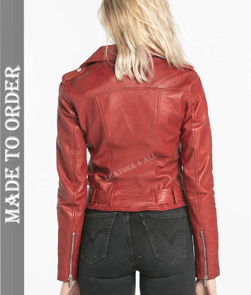 Women's Real Lamb Leather Motor Bikers Jacket Brando Bikers Jacket In Red Color