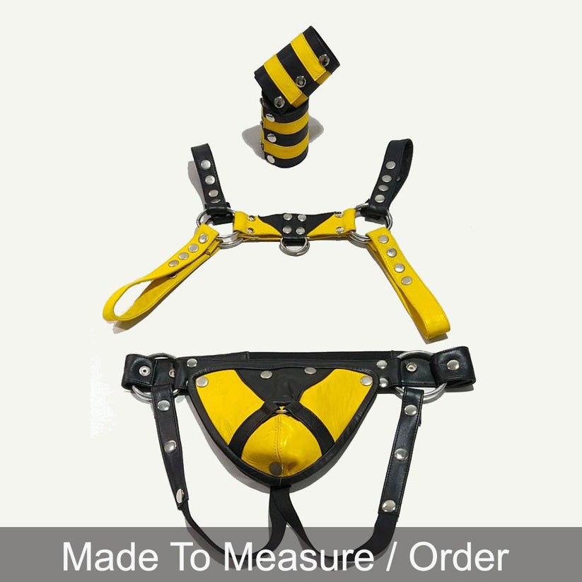 Men’s Leather Chest Harness Jockstrap Wristbands Set Multi Adjustment Fitting Blue/ Red /Yellow & Black