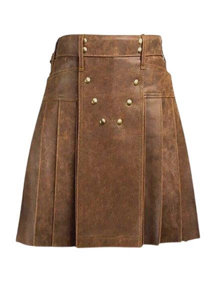 Men's Real Vintage Leather Pleated Kilt Side Laces&Pocket Clubwear Utility Kilt